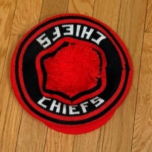 Vtg 80s Kansas City Chiefs Knit Beret Hat Red Black Pom Pom Fan Gear Beanie
